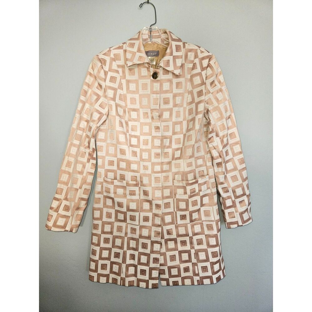 Vintage Kenar Geometric Square Jacquard Trench Coat Jacket Size 8 Tan Beige